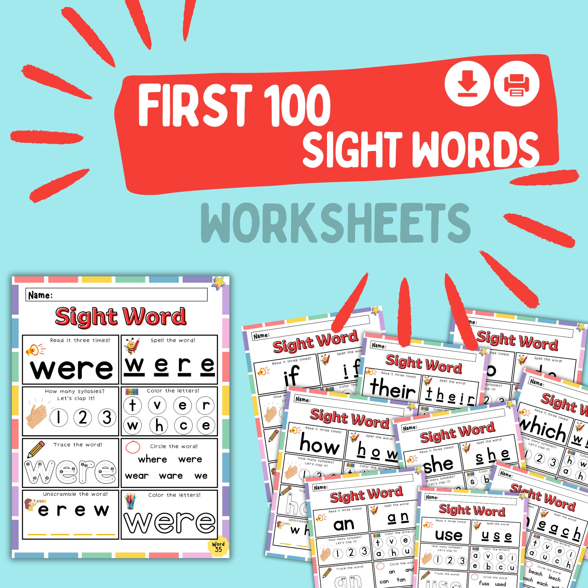 Printable First 100 Words Worksheets/100 Printable Instant - Etsy