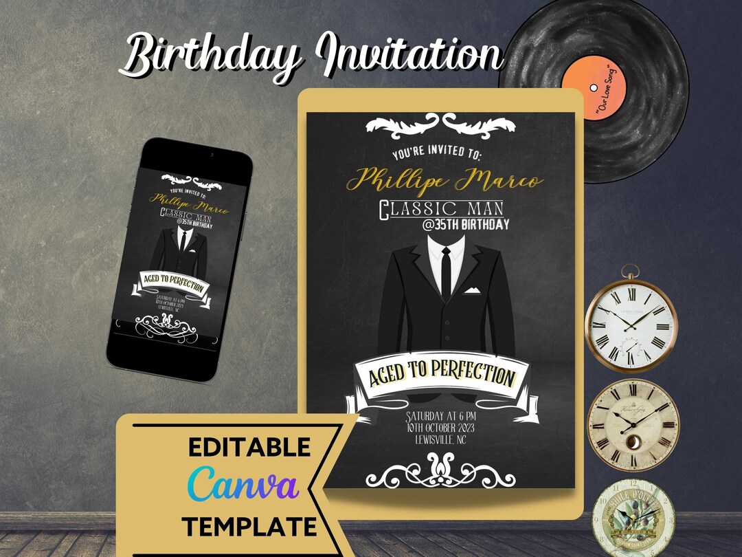 Classic Male Birthday Invitation Template/fully Editable Canva Template Classic Male Birthday Invitation Template/fully Editable Canva Template