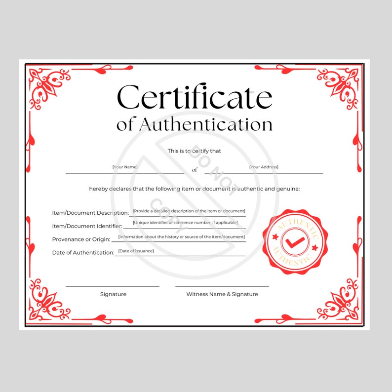 EDITABLE Certificate of Authentication Template/printable Certificate ...