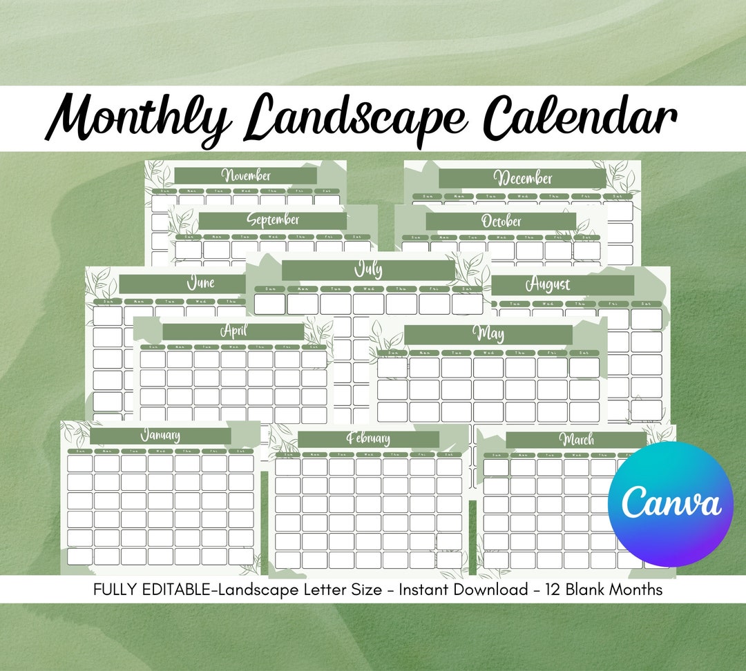 Printable Landscape Calendar Template/fully Editable Green - Etsy
