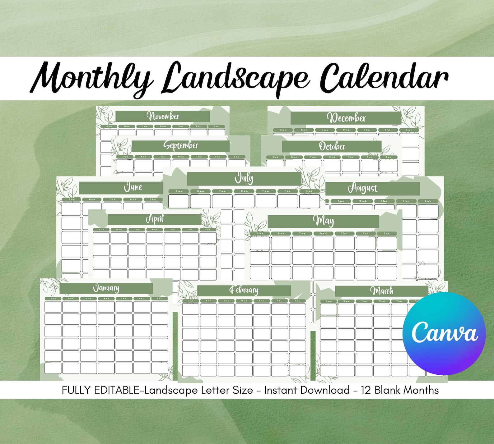 Printable Landscape Calendar Template/fully Editable Green - Etsy