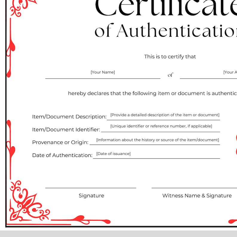 EDITABLE Certificate of Authentication Template/printable Certificate ...