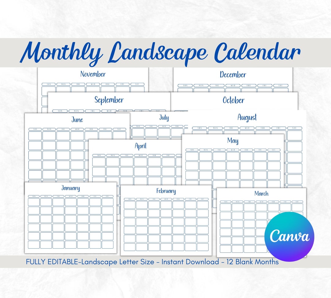 Printable Landscape Calendar Template/fully Editable Royal - Etsy