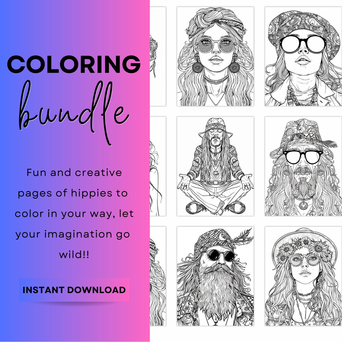 Printable Hippie Coloring Book Pages/25 Pages/adult Hippie Coloring ...