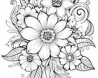 May include: A black and white line drawing of a bouquet of flowers with intricate details. The flowers are arranged in a cluster with leaves and swirls.