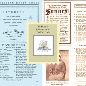 May include: Vintage printable download featuring a Metropolitan Opera House catering menu and boxholder lists. The design includes text, illustrations, and a decorative stamp with floral elements. The color palette is primarily blue, beige, and brown.