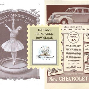 May include: Vintage advertisement featuring a ballerina and a car. The left side showcases a ballerina on a tire with the text "Kelly-Springfield, The Premiere of Tires." The right side displays a 1939 Chevrolet ad with reduced prices.