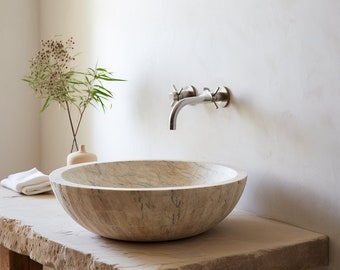 Handmade Round Marble Sink for Kitchen and Washroom - Stone Sink, Marble bowl sink, Tavertine Kitchen Sink Bowl, 15 inch Stone Sink Bowl