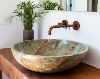 Elegante ronde marmeren gootsteen voor keuken en wasruimte - Stenen gootsteen, marmeren gootsteen, onyx aanrecht, keukendecor, stenen gootsteen 15 inch