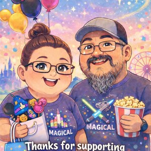 Puede incluir: Ilustraci&oacute;n de dos personas con gafas y camisetas moradas a juego con la palabra "MAGICAL". Uno sostiene una bolsa con golosinas y globos, el otro palomitas de ma&iacute;z y un sable de luz. El texto dice "&iexcl;Gracias por apoyar a nuestra peque&ntilde;a empresa!"
