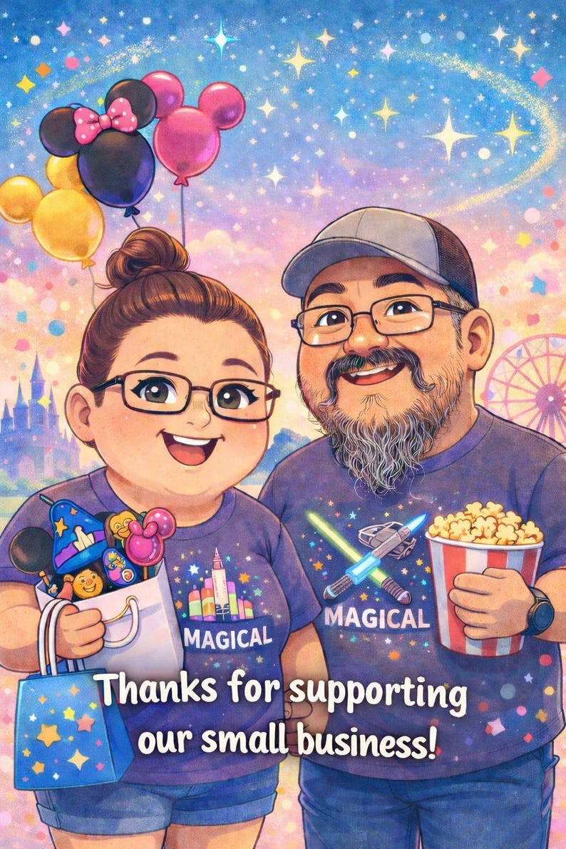 Puede incluir: Ilustraci&oacute;n de dos personas con gafas y camisetas moradas a juego con la palabra "MAGICAL". Uno sostiene una bolsa con golosinas y globos, el otro palomitas de ma&iacute;z y un sable de luz. El texto dice "&iexcl;Gracias por apoyar a nuestra peque&ntilde;a empresa!"