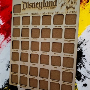 May include: Wooden Disneyland Resort Hidden Mickey Wave B 2025 board with cork squares for collecting. Features Mickey Mouse and various Disney character names and themed events. A decorative item for Disney fans.
