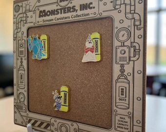 Monsters, Inc. Scream Canisters Pin Display Board | 12" x 12" | Laser Engraved Cork Board