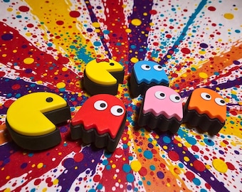 Pac-Man Pac-Woman & Ghost  1980s Nostalgia Sets- Magnets, Keychains-Clickers