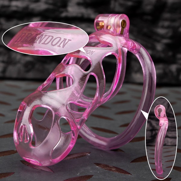 MATURE Engraving Custom text Custom cage and ring Ghost Transparent Curved Ring Pink Car Paint Coated Chastity Cage 3D Printed Cock Cage