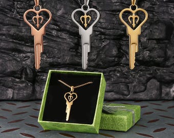 Halskette mit herzförmigem Dreizack-Schlüsselanhänger in Keuschheitssymbol-Optik, Edelstahl 316, Schlüsselanhänger in verschiedenen Ausführungen (24 Karat Gold, Roségold, Silber), Geschenkidee für Verliebte