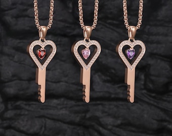 Rose Gold Heart Key Necklace with Uncut Key Blank-For Custom Cutting,Engrave Your Secret Code,with Gemstones,Unique DIY Jewelry Gift for Her