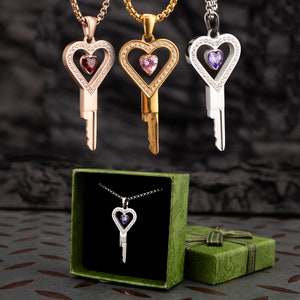 MATURE Exquisite Heart-Shaped Cage Key Necklace with Gemstones Accents A Luxurious Accessory for Intimate Play and Sensual Gifting