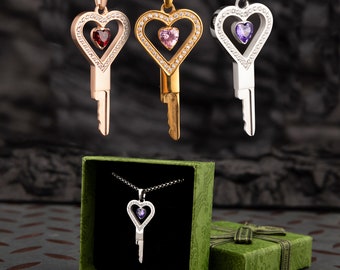 MATURE Exquisite Heart-Shaped Chastity Key Necklace with Gemstones Accents A Luxurious Accessory for Intimate Play and Sensual Gifting