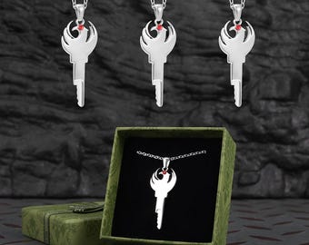 Phoenix Key Necklace - Silver Stainless Steel Red Gem Eye Pendant Jewelry | Anniversary Gift for Him/Her