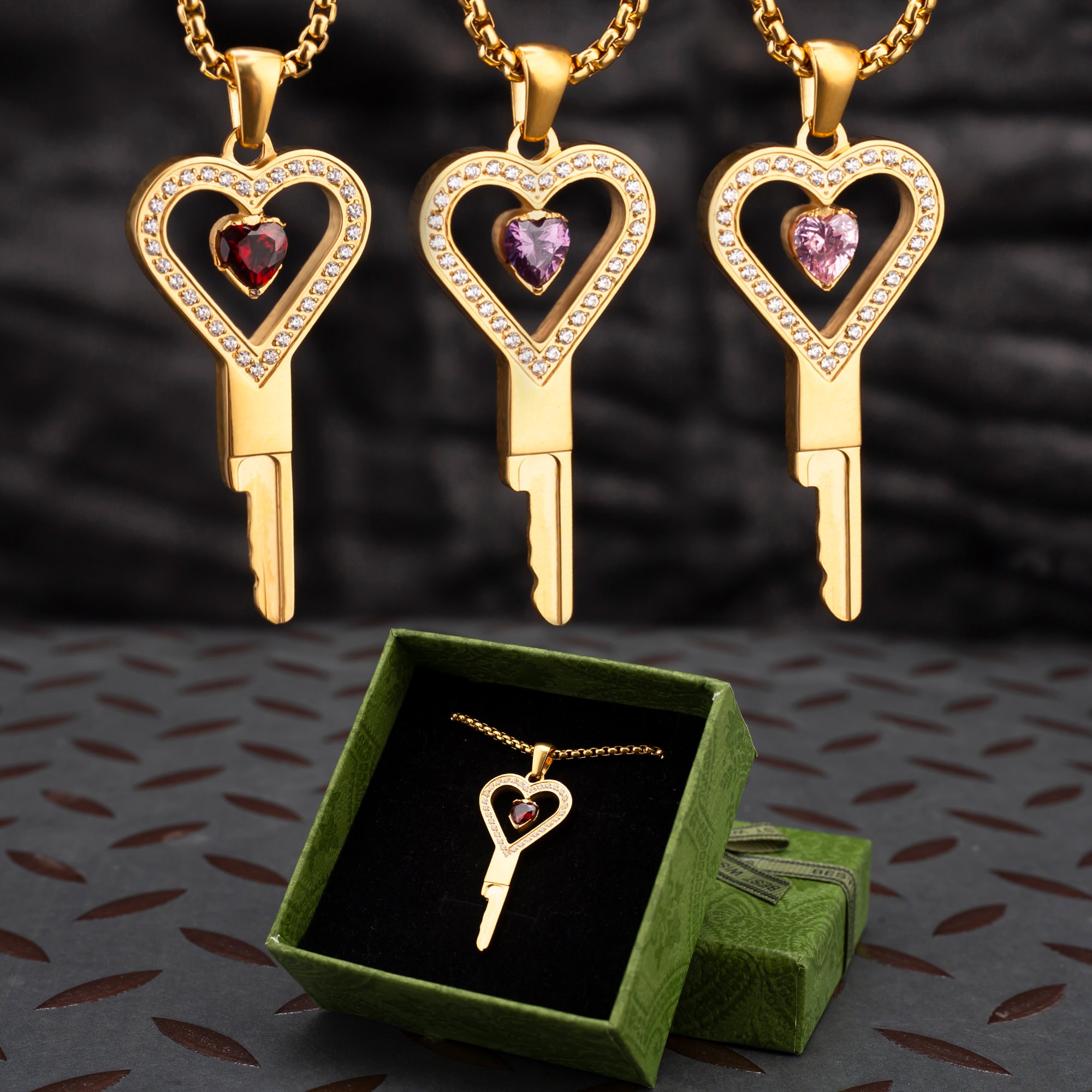 Gold Heart Cage Key Necklace With Gemstones - Etsy