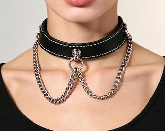Elegantes schwarzes Leder-Choker-Halsband mit verstellbarem Edelstahl-O-Ring im Gothic-Stil, alternative Punk-Halskette für Damen