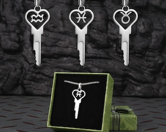 Zodiac Heart Key Necklace, 316 Stainless Steel Astrology Key Pendant, 12 Constellations Couple Gift, Comes with Lock Core & Spare Keys