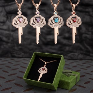 MATURE Plating Rose Gold Crown Jewelry Exquisite Crown-Shaped Cage Key Necklace with four colors Gemstone Accents Thoughtful Gifting