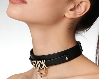 Mature Custom Word Collar - Metal Letter & Leather BDSM Choker Necklace with Leash Chain