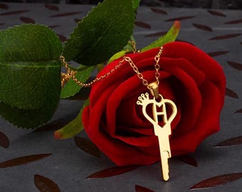 Crown Heart Key Necklace: Personalized Letter Symbol, Adult Gift