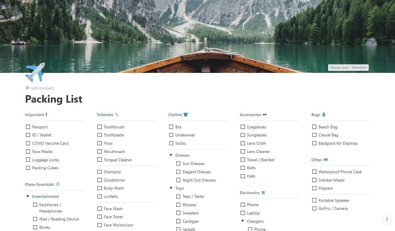 Packing List Basic Notion Template Etsy