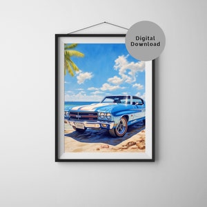 Vintage Baby Blue 1970 Chevy Chevelle automobile wall art on Tranquil Beach - Nostalgic Coastal Art, Retro Car Painting, Beachscape Decor,