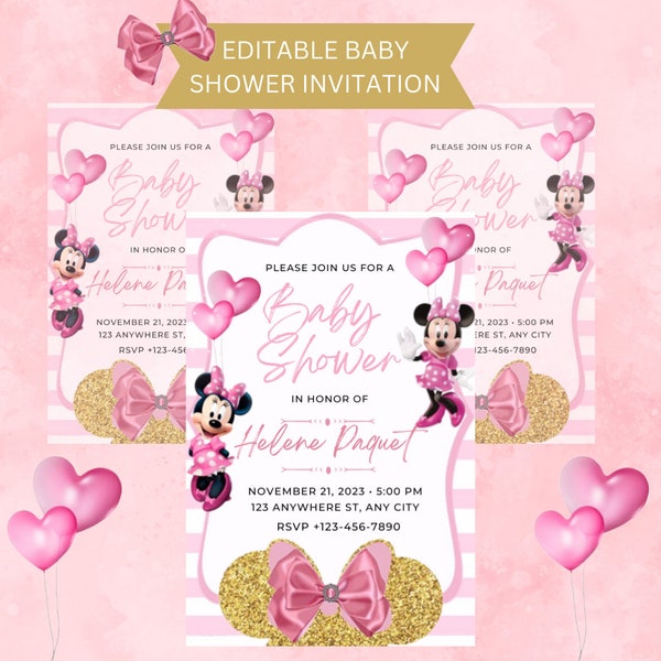 Editable Minnie Baby Shower Invitation Sprinkle Mouse Gold Pink Girls Minnie Mouse Invites Template Minnie Mouse Theme Instant Download