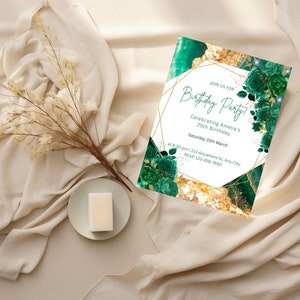 Modelo de convite de aniversário em ouro verde esmeraldaConvite de aniversário Download instantâneo digital - convite editável para festa de aniversário de qualquer idade