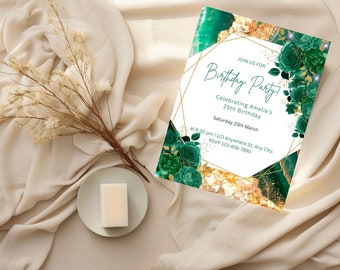 Emerald Green Gold Birthday Invitation TemplateBirthday Invitation  Digital Instant Download - Editable Invite for any age Birthday Party