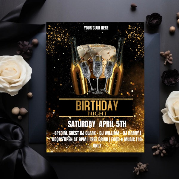 Editable Birthday Flyer  Black & Gold Birthday Flyer, Club Flyer, DIY Party Invitation for Social Media, Instagram, Birthday Invite Birthday