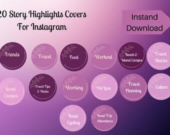 May include: Twenty Instagram story highlight covers with floral designs in shades of purple and pink. Each cover features a different text label, such as "Friends", "Travel", "Food", "Workout", "Beach & Island Escapes", "Travel Diaries", "Sweet Escapes", "Travel Tips & Hacks", "Working", "Pet Love", "Travel Planning", "Culture", "Road Cycling", and "Road Trip Adventures".