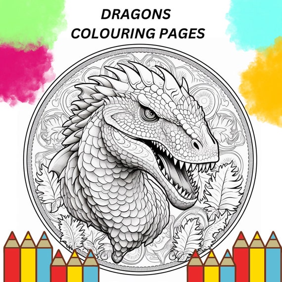 20 Dragons Coloring Book Adults Kids Coloring Pages, Instant