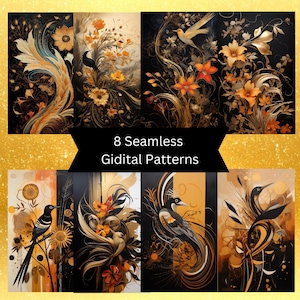 May include: Eight seamless digital patterns featuring intricate black and gold designs with birds, flowers, and swirling lines. The patterns are perfect for creating unique backgrounds, textiles, and other creative projects.