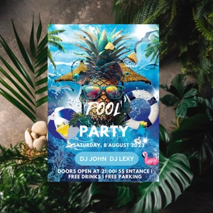 Volante de fiesta de verano en la piscina, diseño de plantilla de volante DIY, volante de invitación a fiesta en la piscina, volante de fiesta de vacaciones de verano, volante de evento de verano, fiesta en la piscina