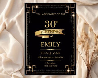 Black and Gold Birthday Party Invitation Birthday Invite Invitation Template Digital Party e-invite Birthday Gold Birthday Party