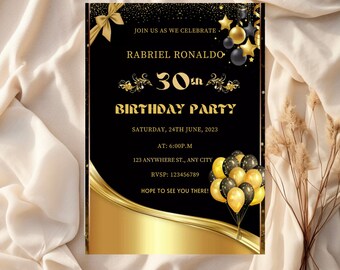 May include: Black and gold birthday party invitation with gold stars, a gold bow, and gold and black balloons. The invitation reads "Join us as we celebrate Rabriel Ronaldo 30th Birthday Party" with the date and time of the party.