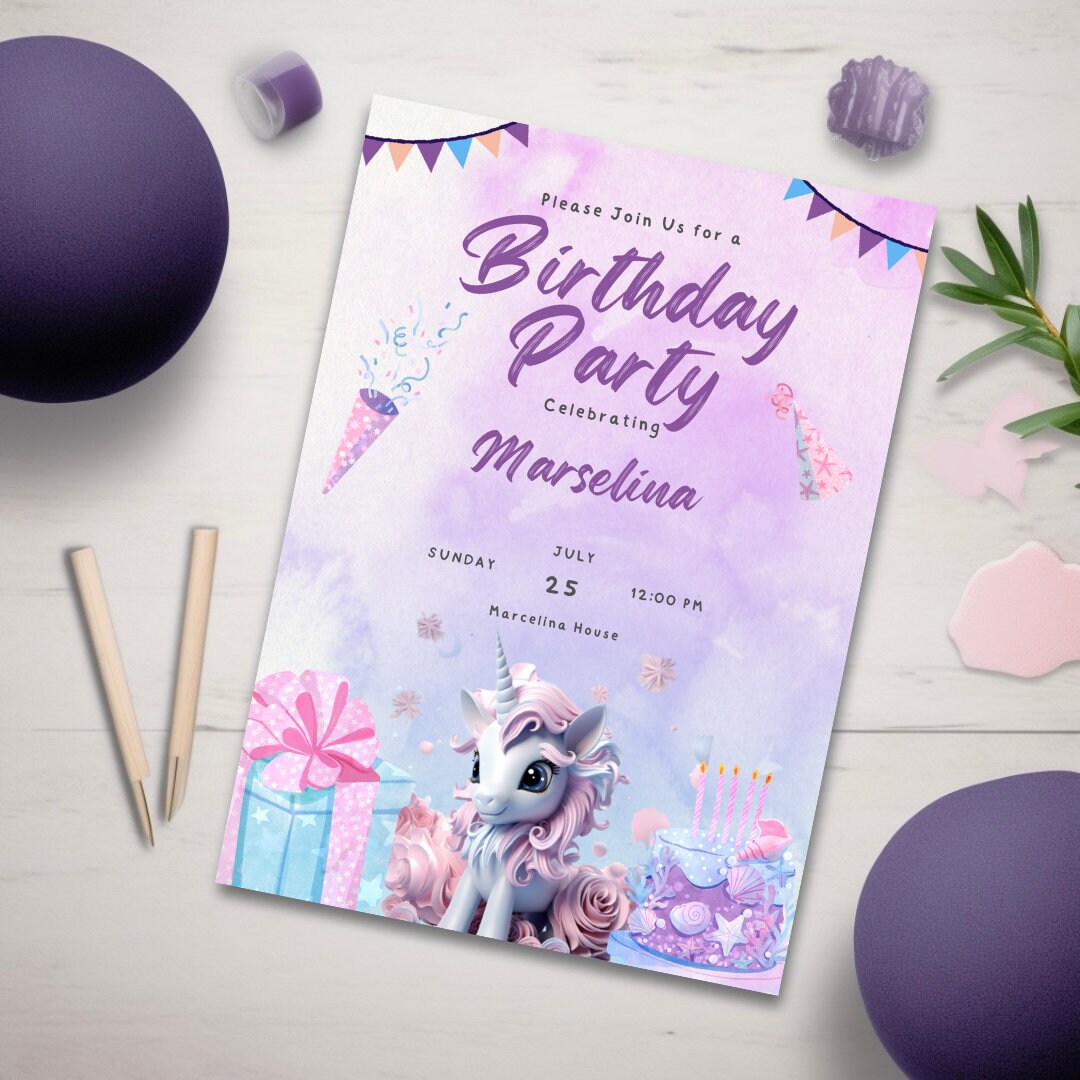 Editable Unicorn Birthday Invitation Digital Download Editable Purple ...