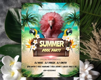 Summer Pool Party Flyer, DIY Flyer Template Design Pool Party Invite, Flyer Summer Break, Party Flyer Summer Event Flyer Pool Party Flamingo
