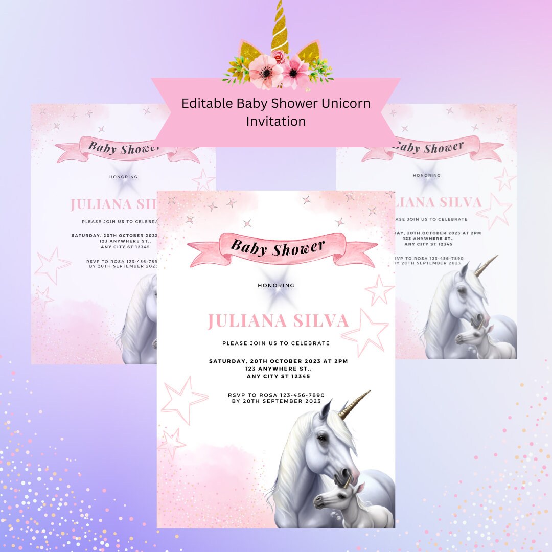 Editable Unicorn Baby Shower Invitation Magical Party Invite Girl Pink