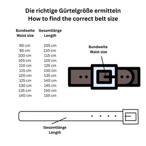 May include: A chart showing how to determine the correct belt size. The chart lists waist sizes in centimeters from 90 cm to 140 cm and corresponding belt lengths in centimeters from 105 cm to 155 cm. Two illustrations show a belt with a buckle and how to measure the belt length.