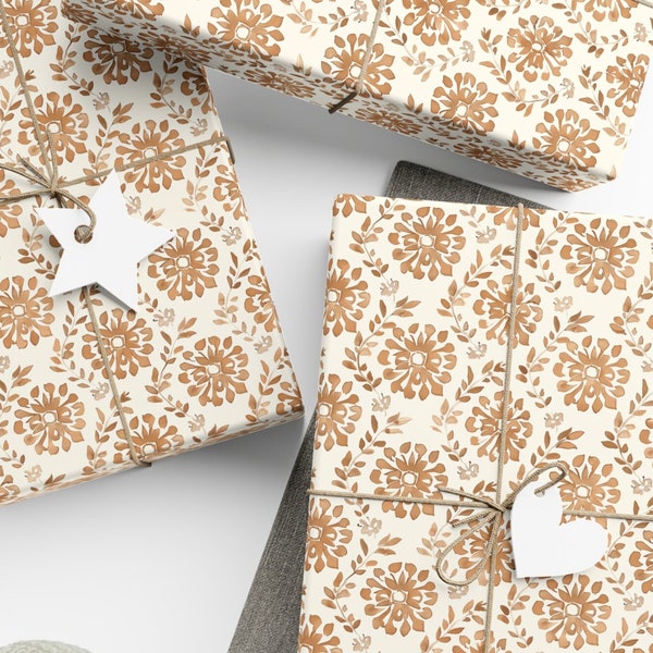 Neutral Floral Block Print Wrapping Paper Sheet Vintage-Inspired Block Print Elegant Gift Wrap Present Eco Paper Housewarming Hostess Shower