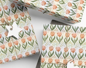 Spring Tulip Gift Wrap Neutral Block Print Eco Wrapping Paper Spring Birthday Present Wildflower Housewarming Gift Mother's Day Hostess