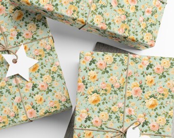 Eco Wrapping Paper Petite English Rose Gift Wrap Pink and Yellow Mint Spring Present Tea Birthday Stylish Tasteful Housewarming Hostess