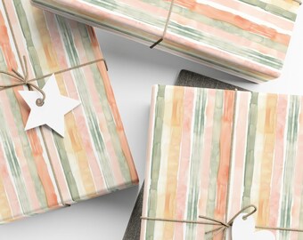 Neutral Watercolor Stripe Eco Gift Wrap Easter Wrapping Paper Cream Sage Soft Peach Birthday Present Housewarming Bridal Shower Mother's Day